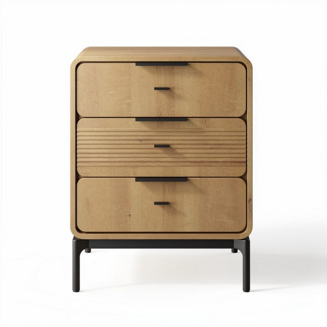 Oak wood three-drawer dresser with metal legs for bedroom storage 60 x 40 x 80cm