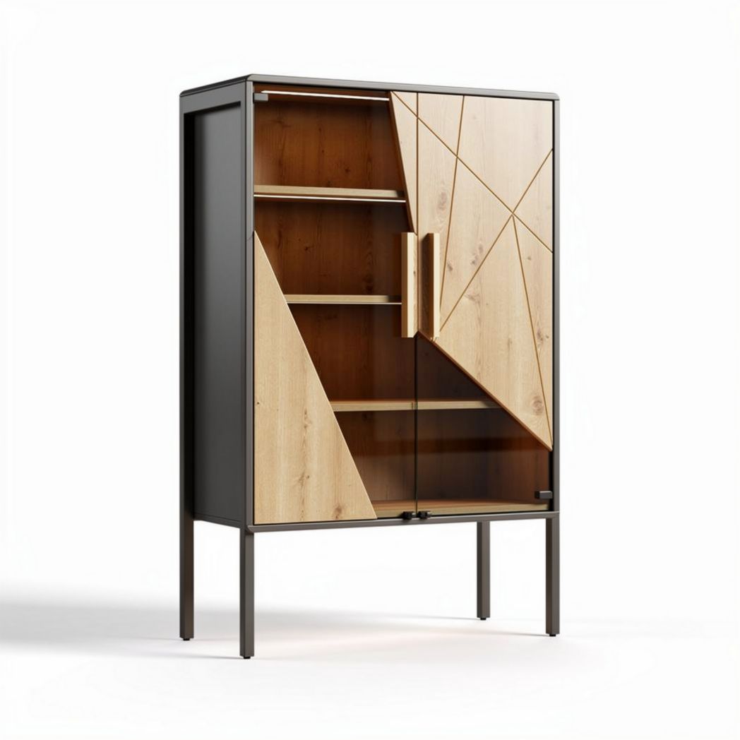 Wood and metal display cabinet with geometric design 80 x 40 x 150cm