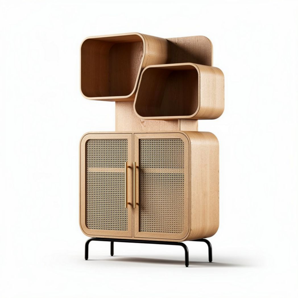 Modern wooden cabinet with woven rattan doors for living room storage