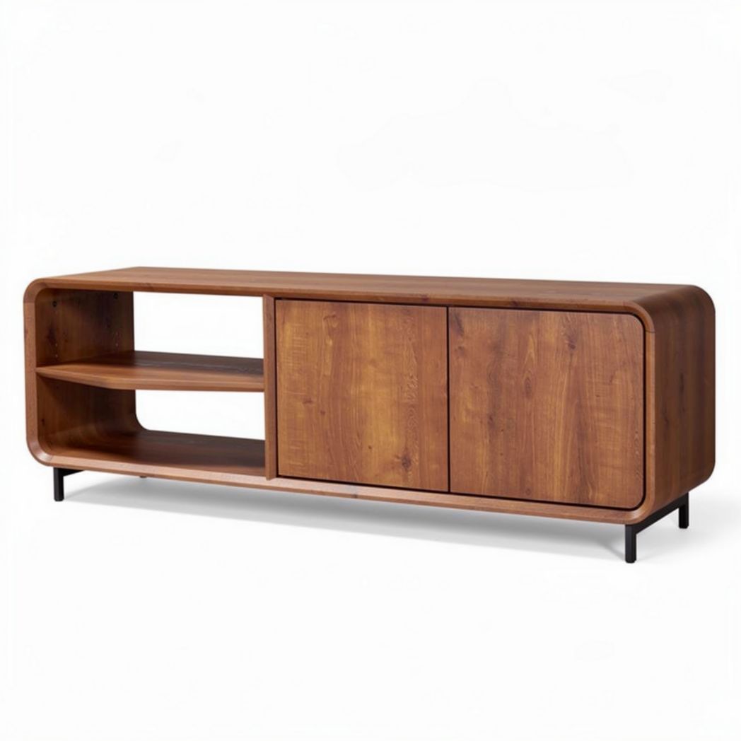 Wooden TV console with two sliding doors and open shelves 150 x 40 x 60cm
