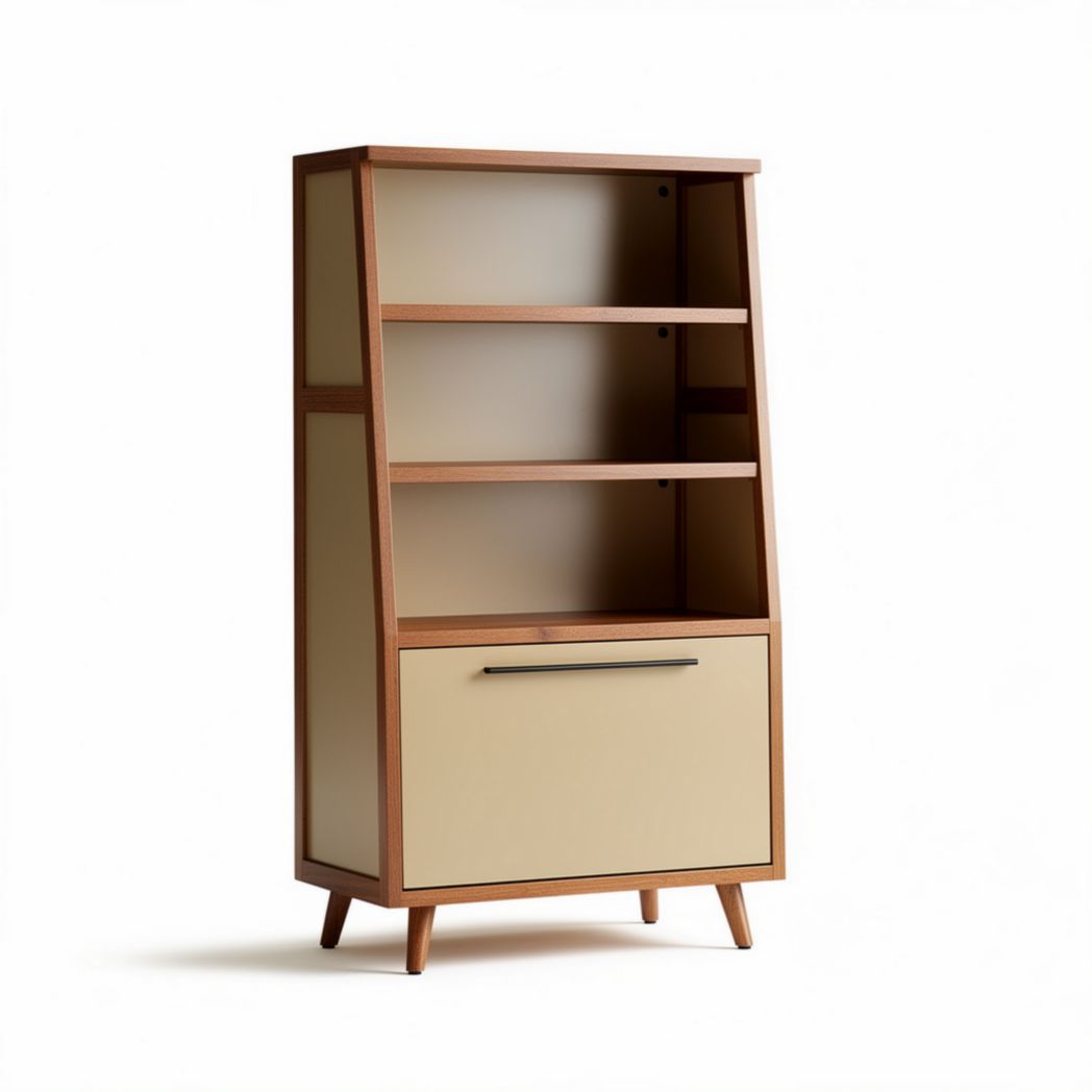 Wooden bookshelf with four open shelves and one storage cabinet in beige and brown 80 x 40 x 150cm