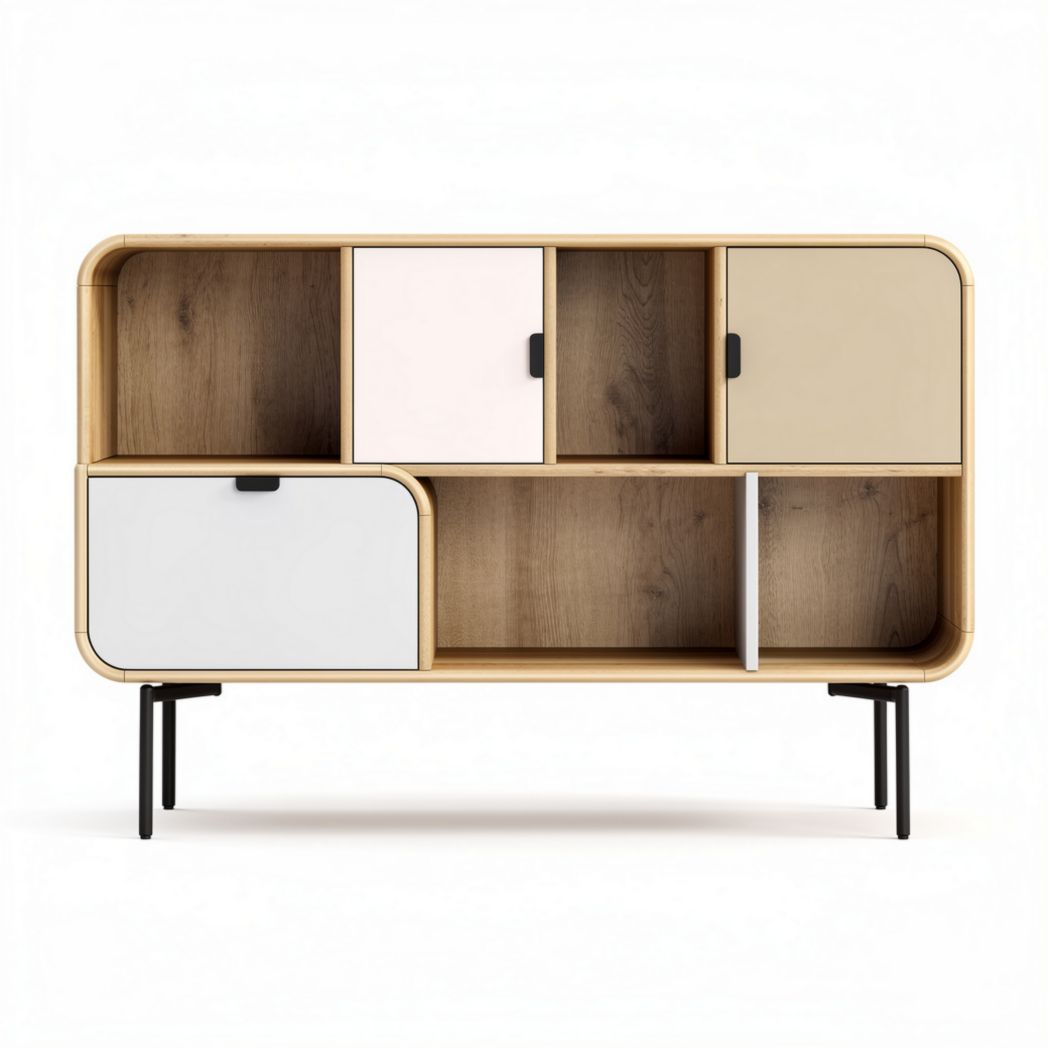 Wooden storage cabinet with multiple compartments and doors 120 x 40 x 80cm