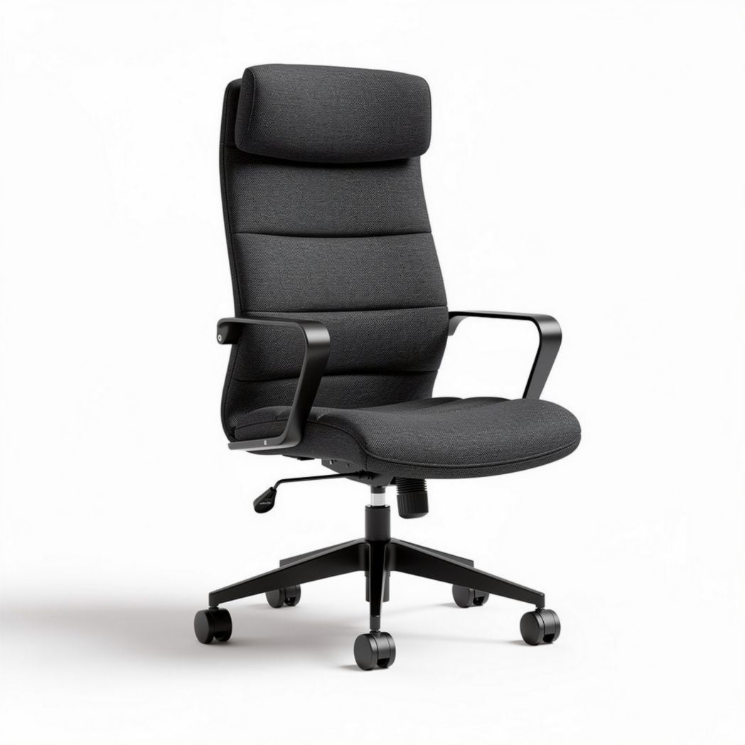 Ergonomic office chair with adjustable headrest and lumbar support in black fabric