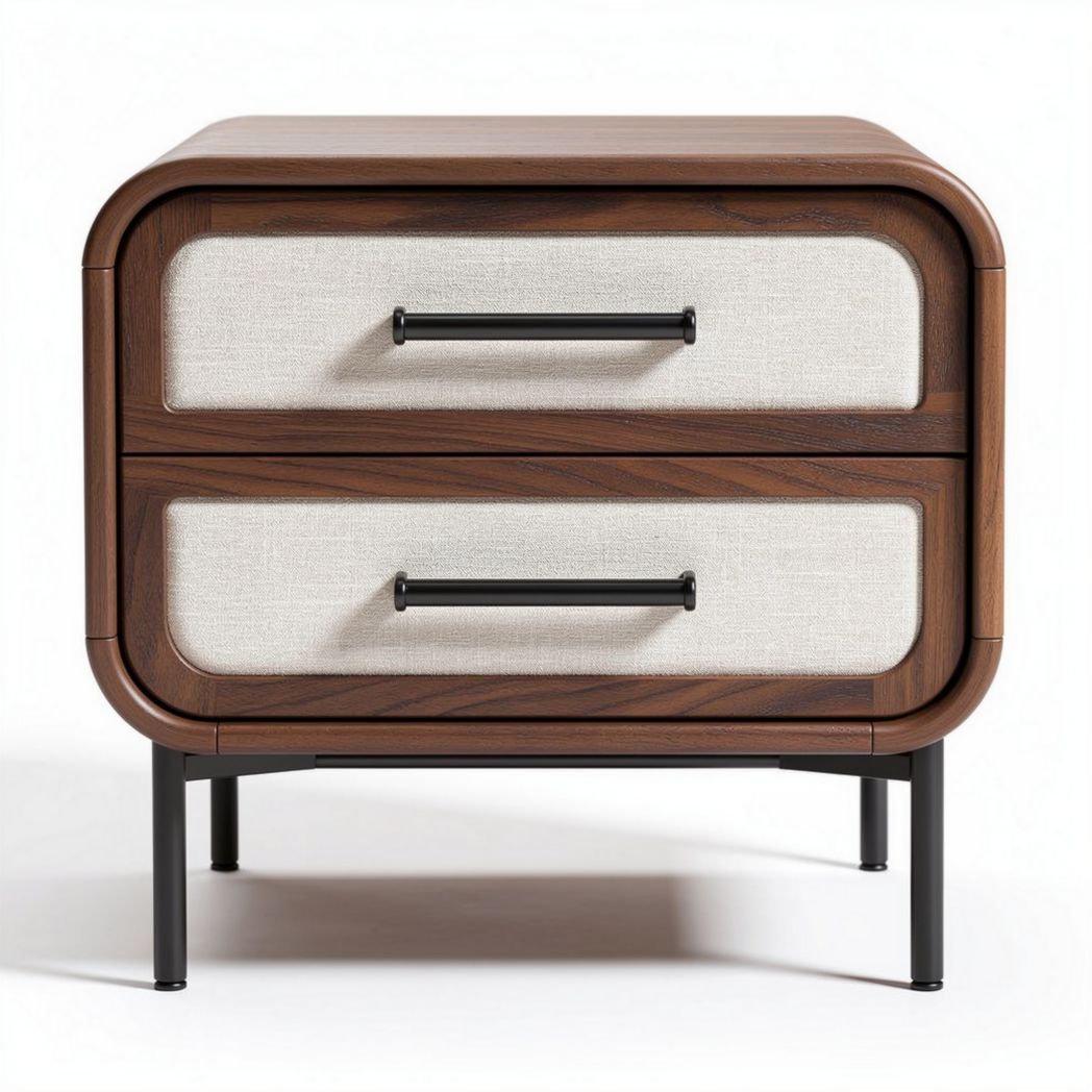 Wooden nightstand with fabric drawer fronts and metal handles 40 x 40 x 45cm