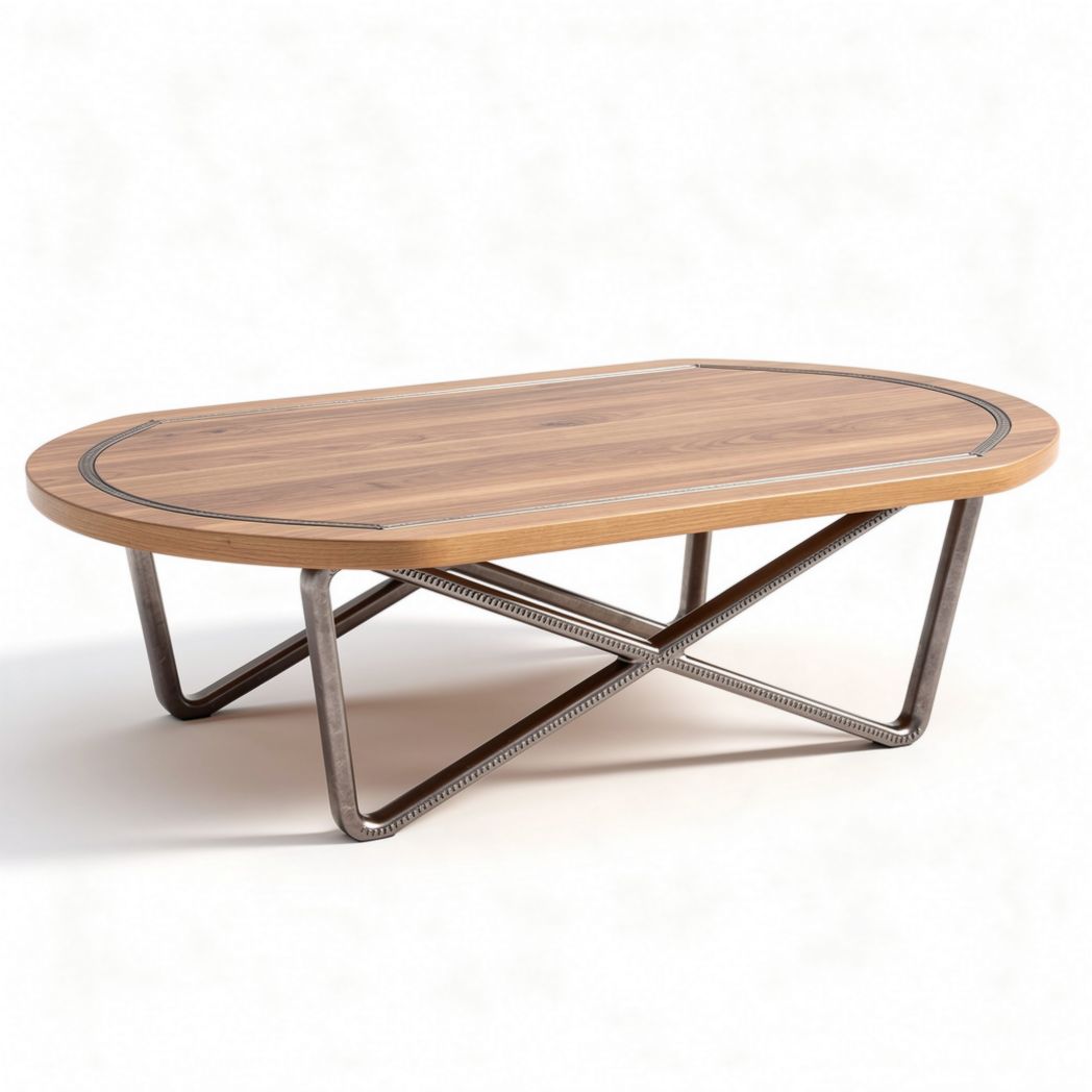 Oval coffee table with wooden top and metal base 120 x 80 x 40cm