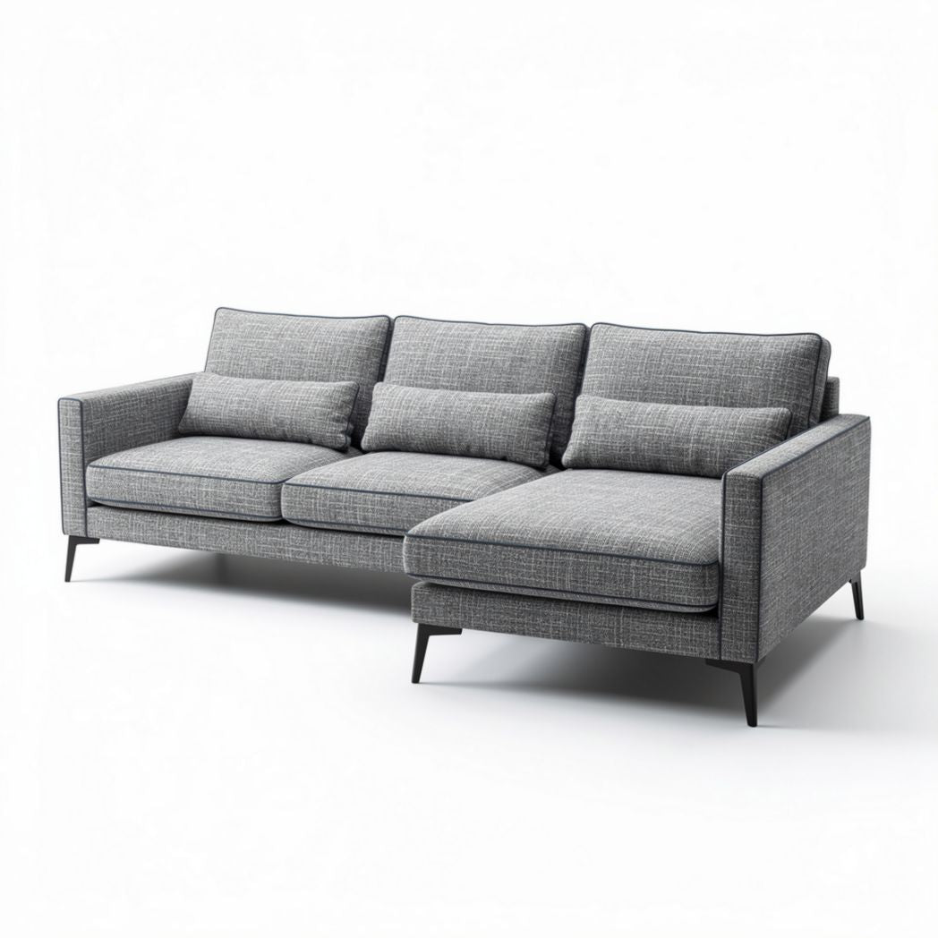 Sectional sofa in grey fabric with two loose cushions 210 x 90 x 80cm